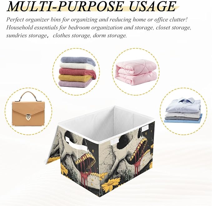 Storage Cube with Lid Horror Skull Print 16.5×12.6×11.8 IN Collapsible Large Capacity Foldable Storage Basket Bin Organizer