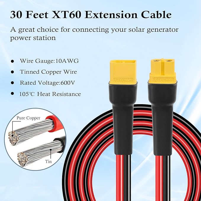 MOOKEERF XT60 Extension Cable 10AWG 30FT XT60 to XT60 Cable with Male to Female Connector for Portable Power Station Solar Panel RC Battery