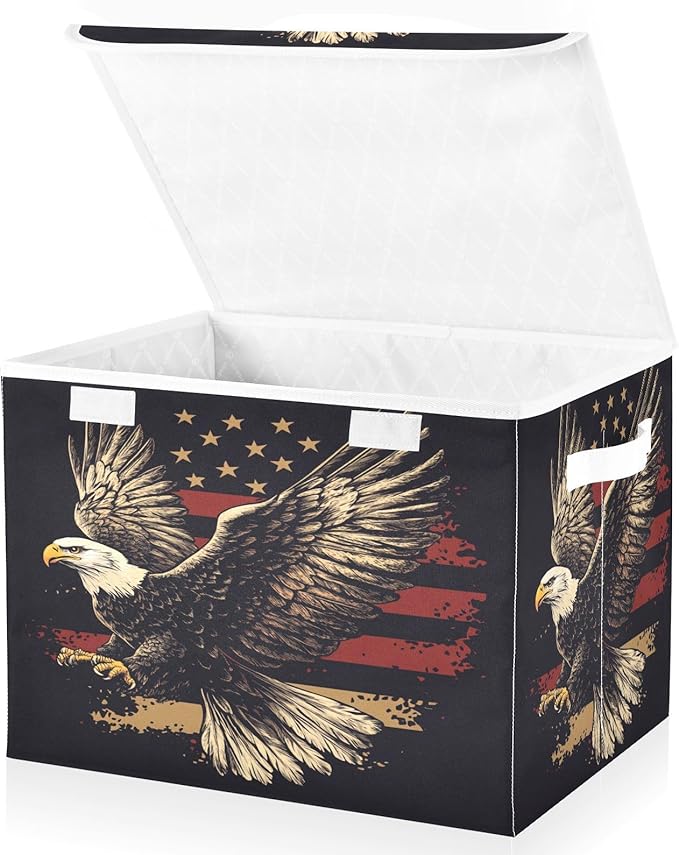 July 4th Bald Eagle Black Collapsible Storage Bins with Lids Decorative Fabric Cubes Closet Organizer Basket Boxes Containers for Clothes Box Chest Foldin