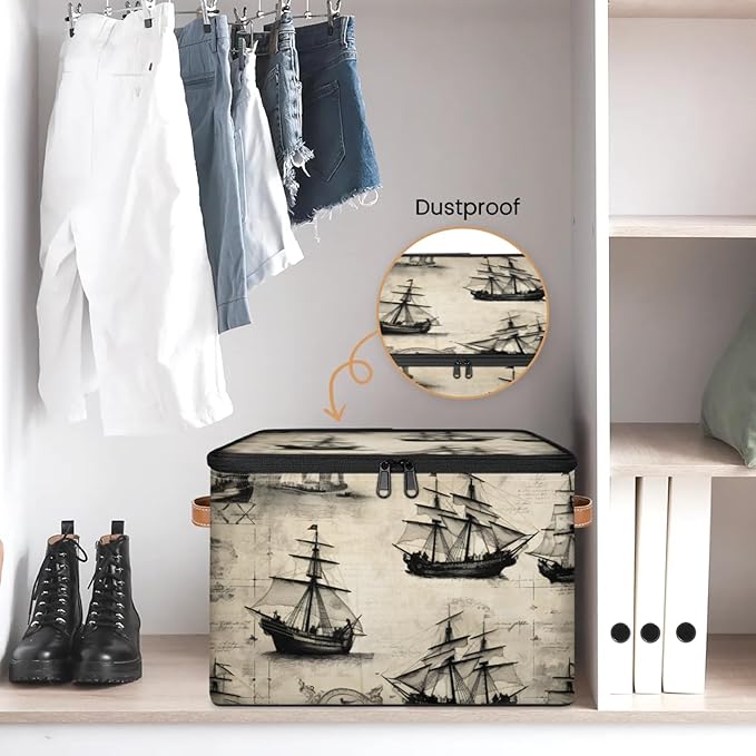 Storage Bins with Lids Retro Ship Storage Basket Clothes Organizer with Handles Closet Storage Containers for Clothing Bedding Blanket