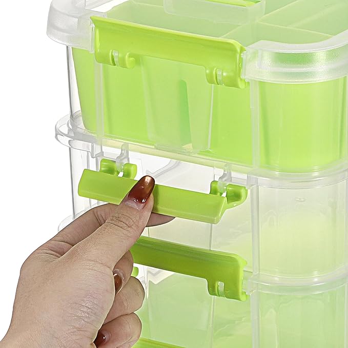 JUXYES 4-Tiers Stack Carry Storage Box With 2 Divided Tray Transparent Stackable Storage Bin With Handle Lid Latching Storage Container for School &amp Office Supplies Green
