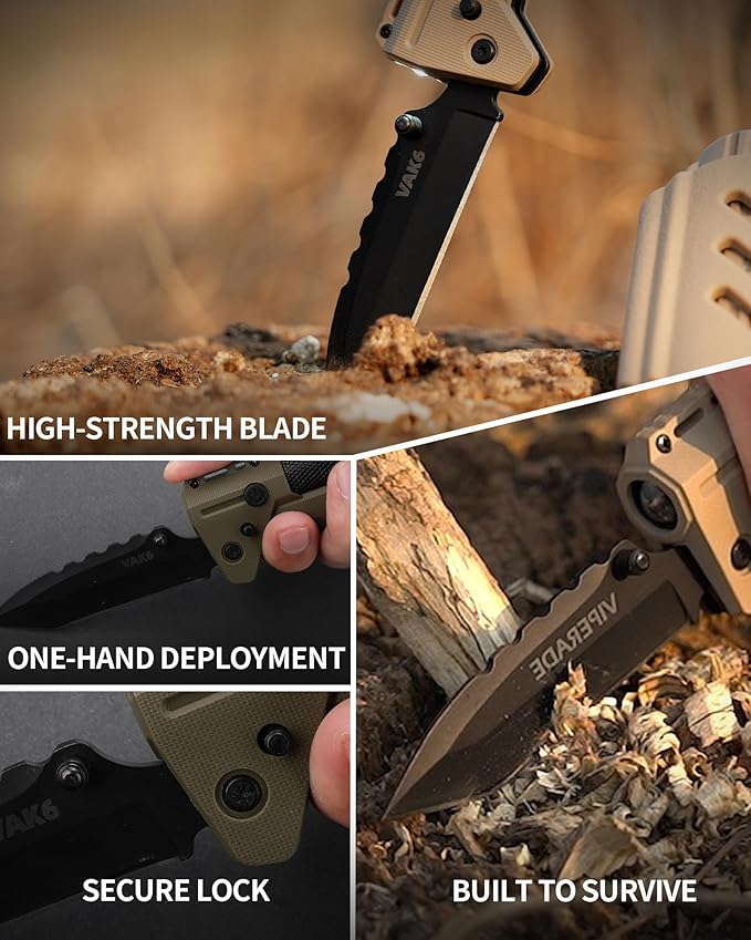 sayram Survival Multi Tool - 4-in-1 Tactical Knife Rechargeable Flashlight Pulse Arc Lighter Hand Crank Generator for Emergency Camping &amp Outdoor (Belt Sheath Included) (Green)