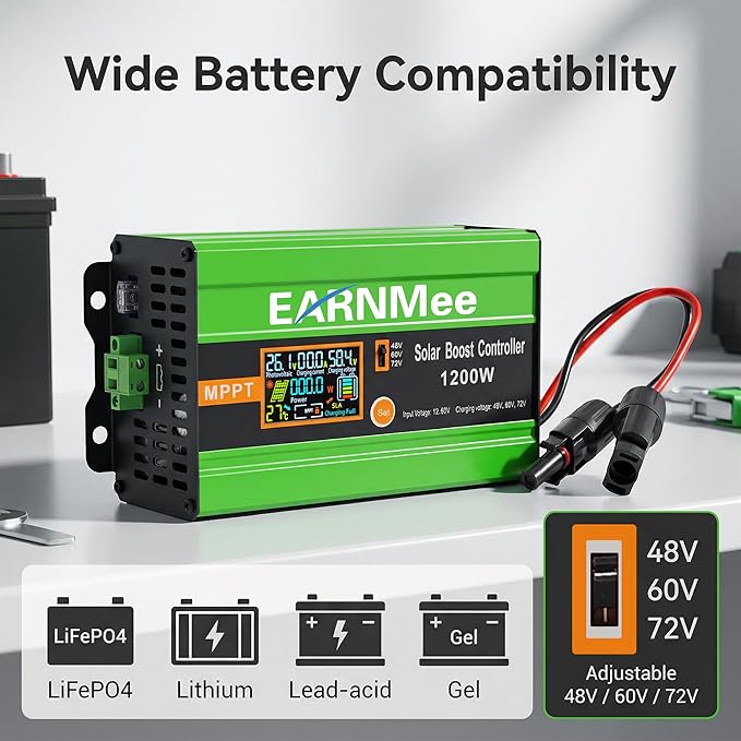 30A Boost MPPT Solar Charge Controller 72V/60V/48V 1200W Controller with LCDOutput Max 15A for LiFePO4/Lithium/Lead Acid Battery for RV/Solar System/Golf CartSmart Cooling &amp Full Protection