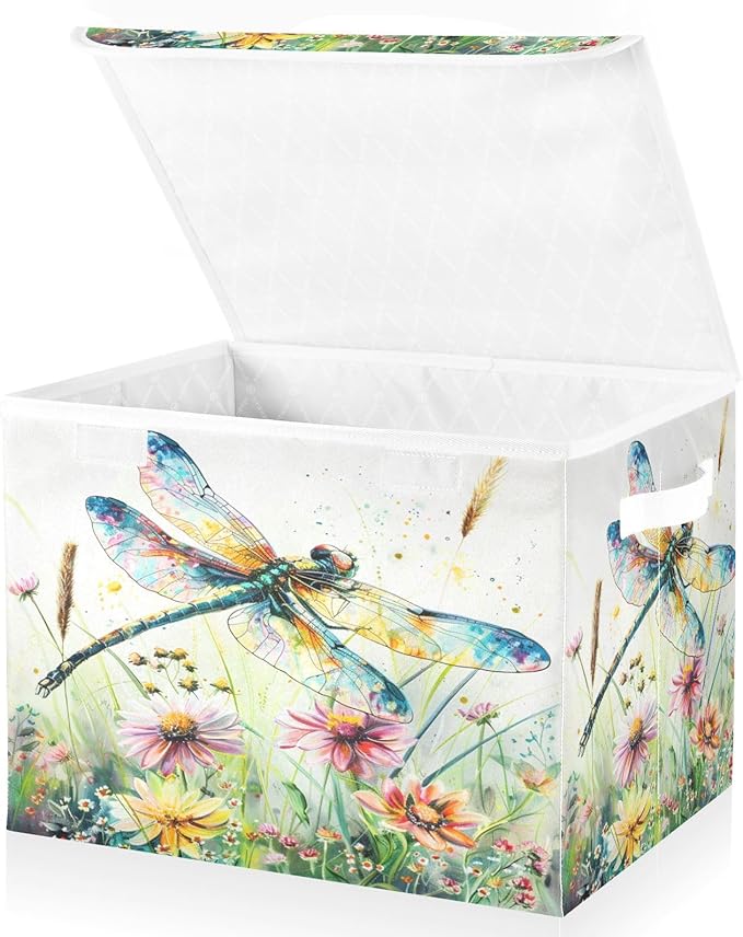 senya Baskets Collapsible Storage Bins with Lids Dragonfly Wildflowers Painting Storage Boxes Clothes Baskets for Organizing B06D22020
