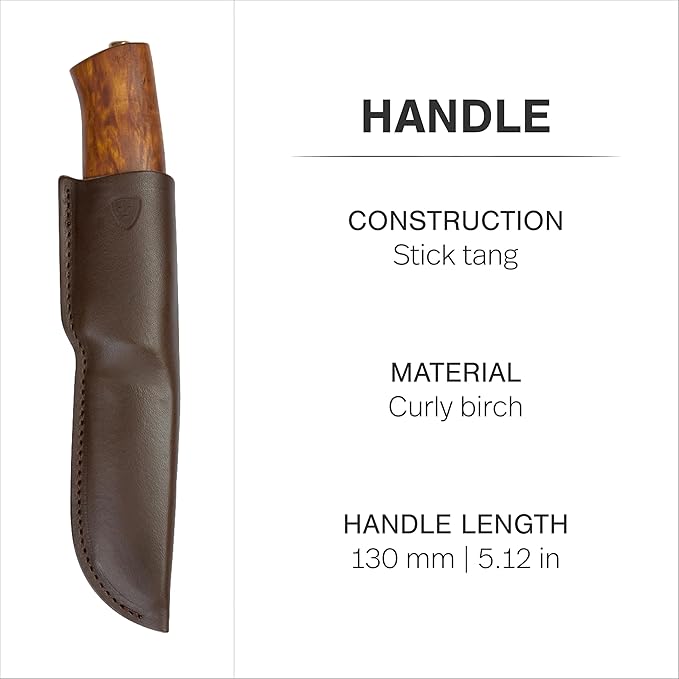 HELLE Knives - Alden - Outdoor Fishing Knife Stainless Steel Drop Point Blade Curly Birch Handle Fixed Blade With Sheath Handcrafted