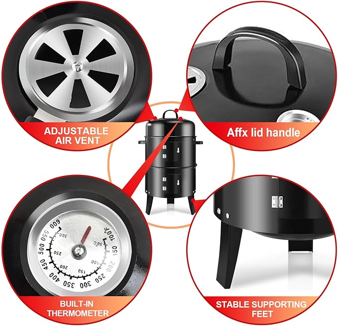 Vertical 19Inch Round Charcoal Smoker GrillHeavy-Duty BBQ Smoker for Outdoor Smoking Multi-Layer Pellet Ideal for Meats-Offset Charcoal Grill with HookThermometerBlack