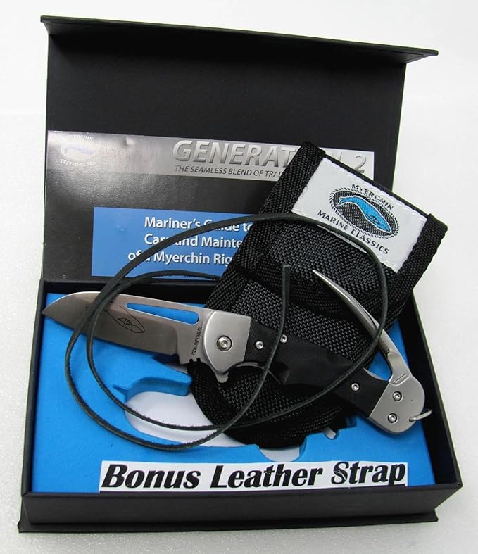 Myerchin BF377 Gen 2 Crew Rigging Knife &amp Marlin Spike - Black G10 Handle - Standard Plain Edge - Crew Bundle with Outdoor Merchants Safety Leather Lanyard - Compact German Marine Stainless Steel