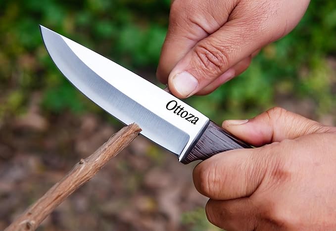 Ottoza Full Tang Bushcraft Knife with 1095 Carbon Steel Fixed Blade - Survival and Outdoor Camping Knife - Wenge Wood Handle Brown Leather Sheath 428