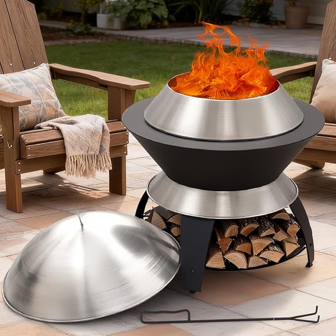 ONBRILL 26 Inch Smokeless Firepit Outdoor Fire Pit with Waterproof Lid Removable Ash Pan Handbag 2 in 1 Stainless Steel Potable Fire Pits for Outside Wood Burning Bonfire Camping Picnic Black