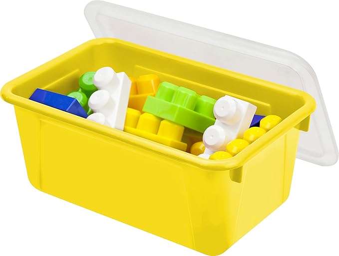 Storex Small Cubby Bins – Plastic Storage Containers for Classroom with Non-Snap Lid 12.2 x 7.8 x 5.1 inches Yellow 5-Pack (62410A05C)