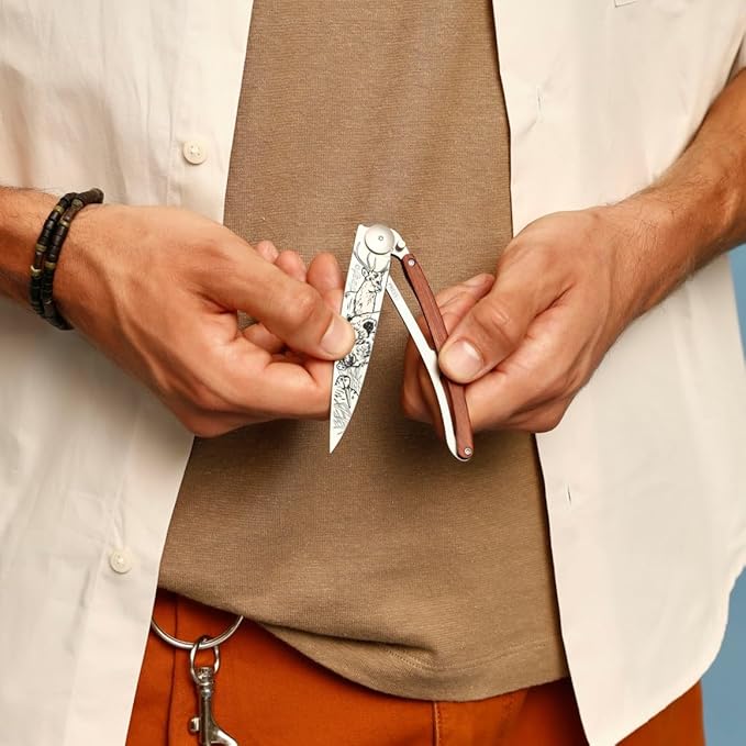 deejo - 37G Folding Pocket Knife with Belt Clip - Hunting Scene Design 3.7-Inch Stainless Steel Blade Coral Wood Handle - Lightweight Everyday Carry for Home Work and Outdoor Use