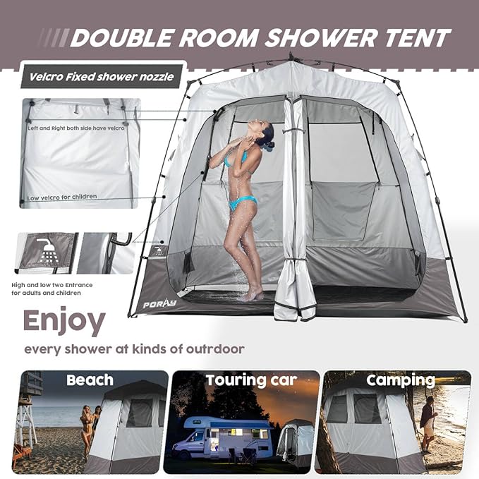Camping Shower Tent Deluxe Changing Room Easy Set Up Privacy ShelterLarge Toilet Tent with Floor Drain Design for Beach CampingHiking with Stakes and Ropes for Stability