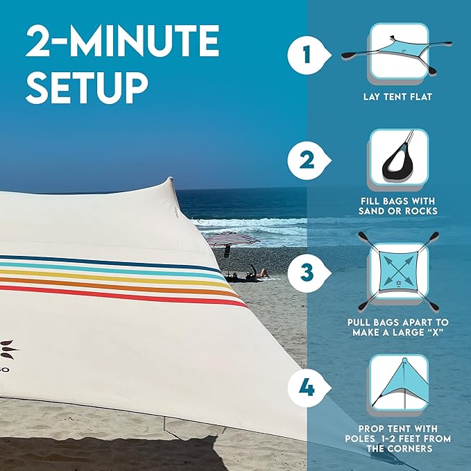 Neso Gigante Portable Beach Tent Sun Shelter - Lightweight Beach Shade Canopy - Easy Setup for Family Outings - Patented Reinforced Corners - UPF 50+ Sun Protection - 8ft Tall 11 x 11ft - Rainbow