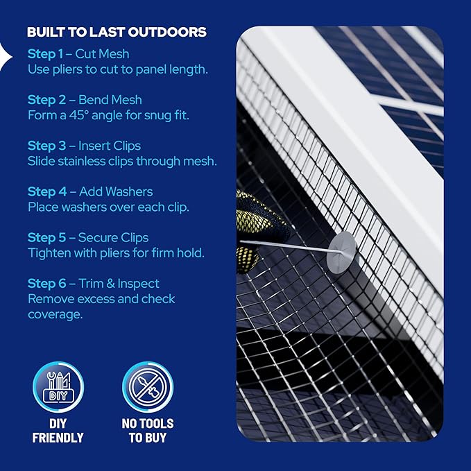 KASTLITE Solar Panel Bird Guard Mesh Kit - 6in x 100ft PVC Coated Galvanized Wire Screen 100 Stainless Clips Pliers &amp Gloves - No Drill Critter Shield Rodent Barrier Fence for Under Panels Bla