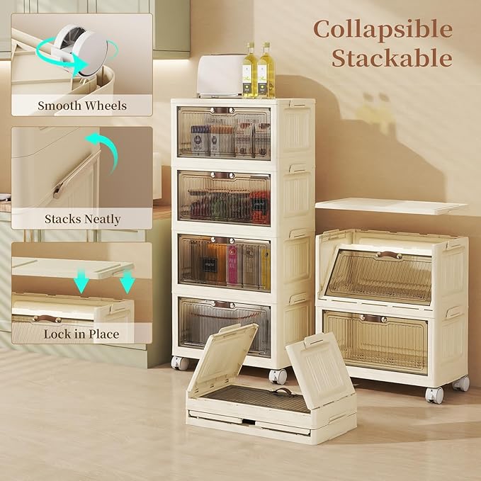 5 Tier - 48QT Storage Bins with Lids Collapsible Storage Bins with Doors and Wheels Plastic Storage Cabinet for Easy Storage and Organization for Living Room Office