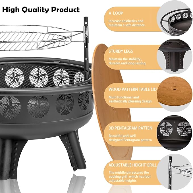 32 Inch Fire Pit with Swivel Cooking Grate3-in-1 Wood Burning Firepit with GrillOutdoor Fire Pits Table with Metal Lid and Poker for Outside Patio Backyard BBQ Bonfire Camping (32 Inch)