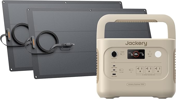 Jackery Solar Generator 1000 v2 with 2x100W Light Solar Panels 1070Wh Portable Power Station LiFePO4 Battery 1500W AC Output 1 Hr Fast Charge for Camping Emergency RV Off-Grid (Dune White)