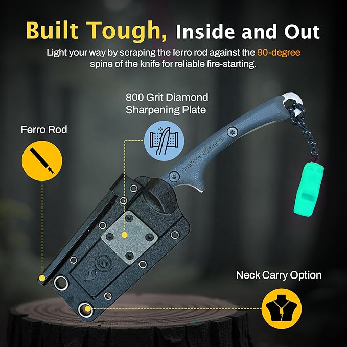 OUTDOOR ELEMENT Flicker Feather Knife Wise Owl GLOW - Right-Handed Survival Chisel Blade for Camping Hunting Culinary Knives &amp Bushcraft - Fixed Blade with Sheath Firestarter and Emergency Whis