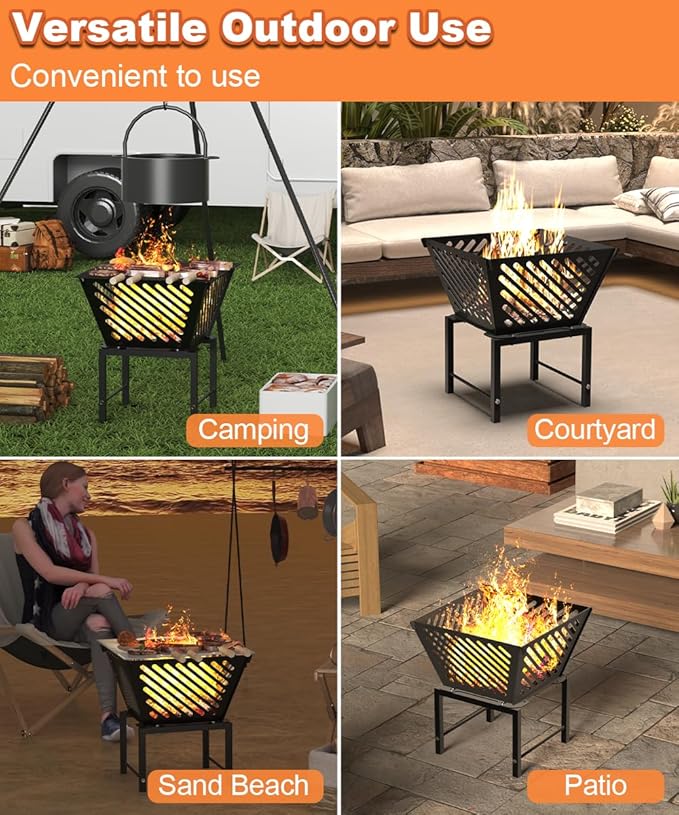 Mondazie Outdoor Fire Pit — 17 Inch Portable with Storage Bag for Camping Patio Heating Picnic and BBQ Trapezoid Diagonal Hollow Black
