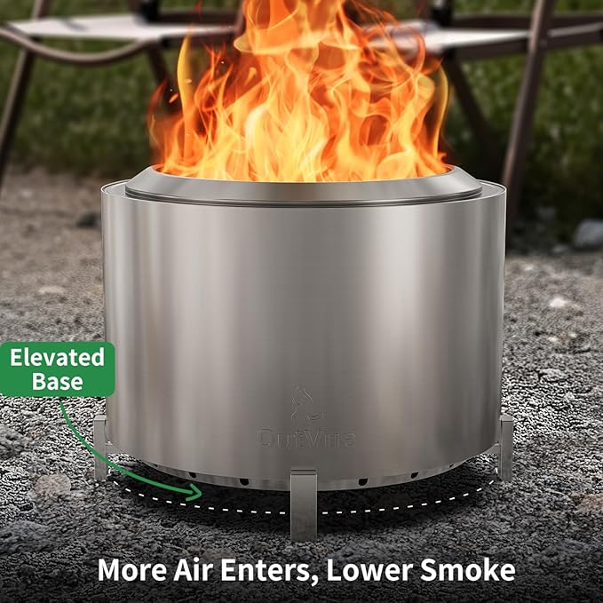 27 inch Stainless Steel Smokeless Fire Pit Outdoor Smokeless Firepit Wood Burning Fire Pits for Camping Bonfire Low Smoke Firepit for Outside (Vertical Hole)