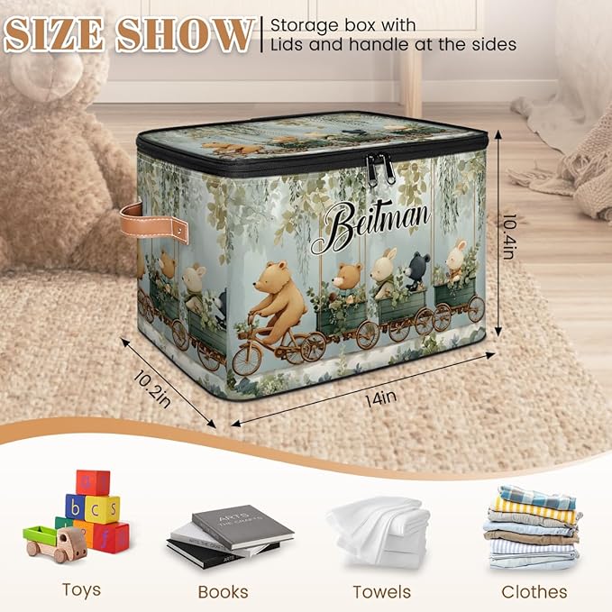 Storage-Bins with Lids Handle Customized Stackable-Storage-Bin for Kids-Boys-Girls-Toys Cube Collapsibl Basket Animals Bear