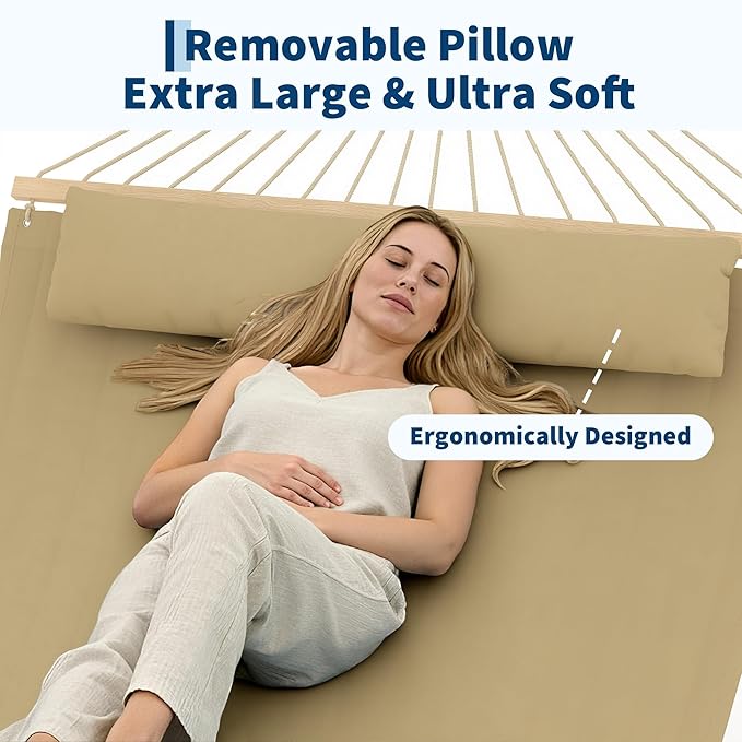 Hammocks 12 FT Double Quilted Fabric Hammock with Spreader Bar and Detachable Pillow 2 Person Hammock for Outdoor Patio Backyard Poolside 450lbs Weight Capacity