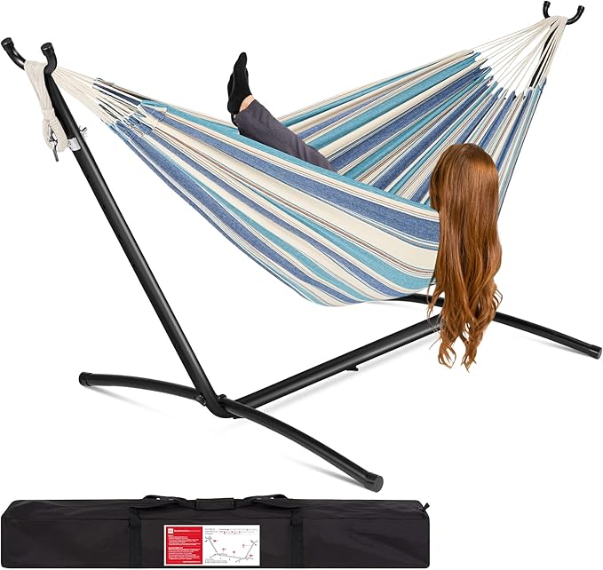 Best Choice Products Double Hammock with Steel Stand Indoor Outdoor Brazilian-Style Cotton Bed w/Carrying Bag 2-Person Capacity - Ocean