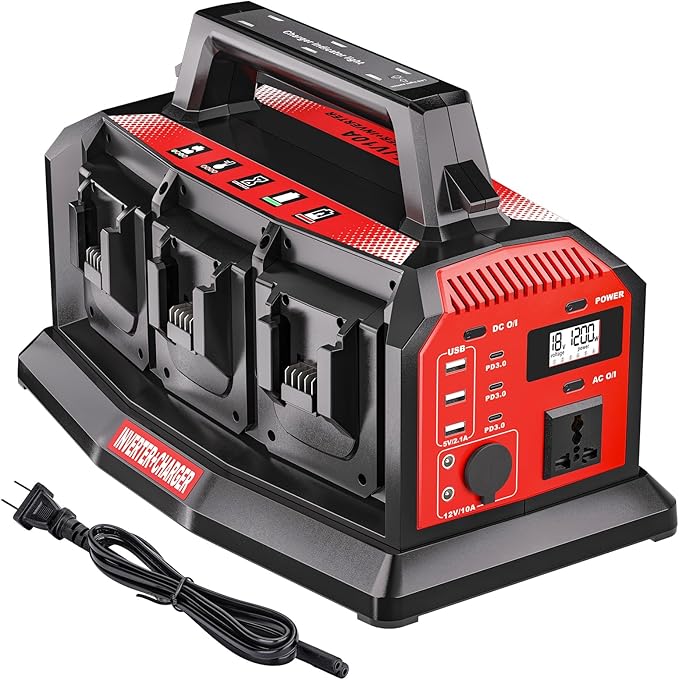 Adisipsoarin 1200W Power Inverter &amp 6A Rapid Charger for Milwaukee M18 18V Battery – 6-Port DC to AC 120V Converter 3 USB-A + 3 USB-C LED Light for Camping Travel Emergencies(Battery not inclu