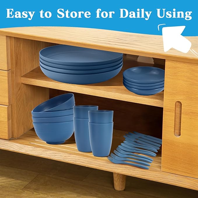 Wrova Wheat straw plates and bowls sets with cutlery - Unbreakable wheat straw dinnerware sets - Dishwasher safe platesbowlscups for apartment.Blue