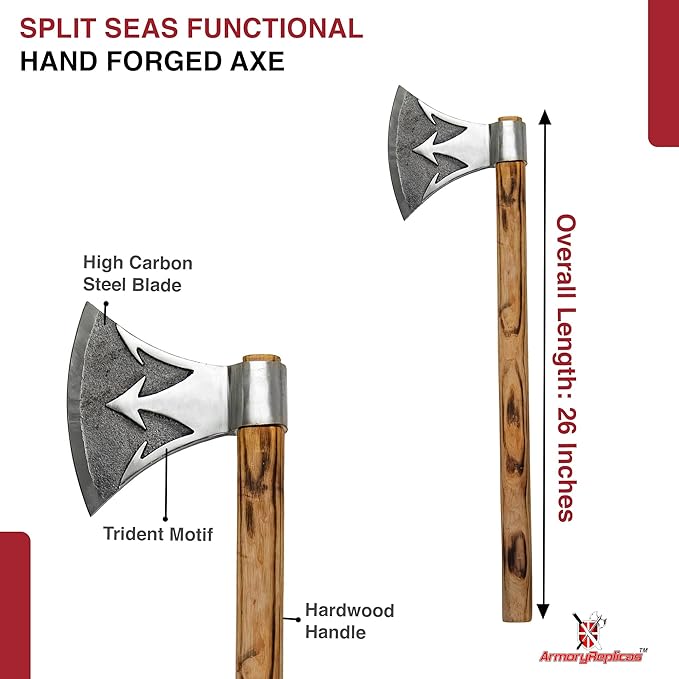 Armory Replicas™ Split Seas Outdoor Axe – 26 Handmade High Carbon Steel Axe with Sheesham Wood Handle – Trident Motif Functional Camping Tool or Decorative Display Piece