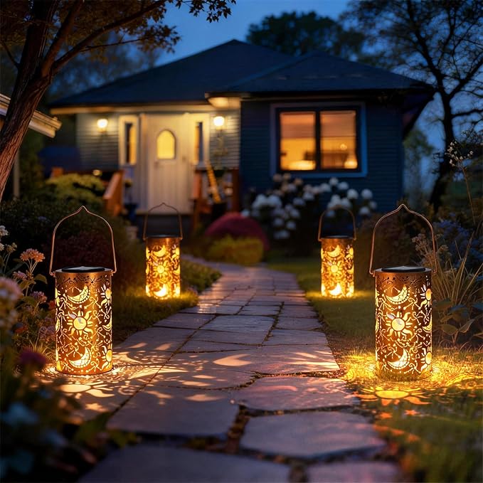 DIBIEECN Mothers Day Gifts for Mom Birthday Gifts Grandma Ladies Solar Lanterns Outdoor Hanging Hollowed-Out Metal Waterproof LED Garden Decor Outside for Patio Yard Porch Sun and Moon 1 Pack