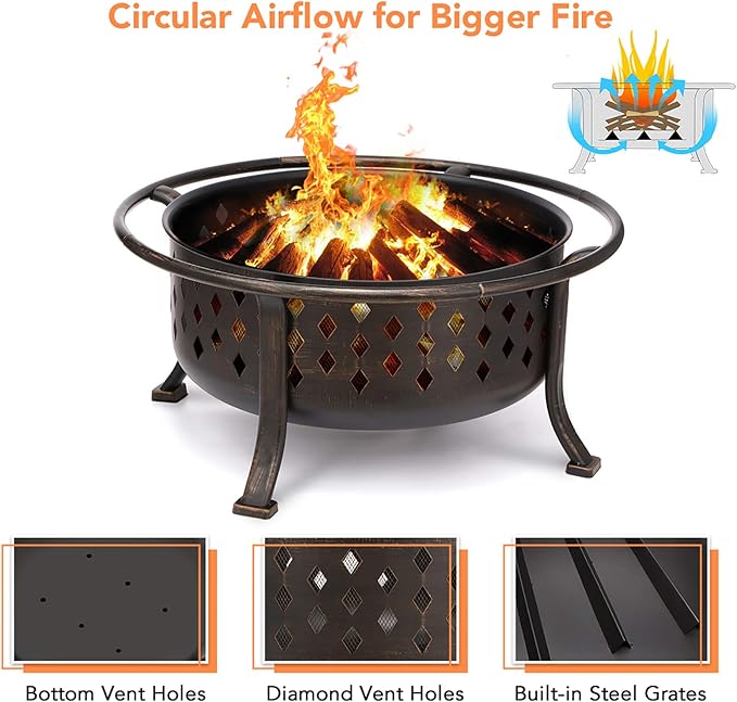 36 Inch Fire Pits for Outside Outdoor Wood Burning Firepit with BBQ Grate Large Heavy Duty Steel Firepit Bowl Bonfire Pit for Patio Backyard Garden Camping