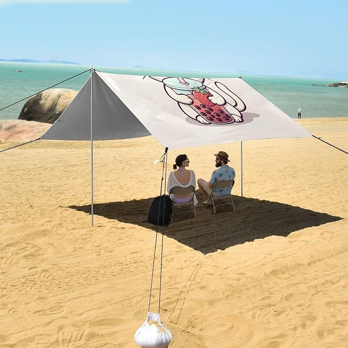 Bow Cat Drinking Milk Tea Beach Tent Sun Shelter Set UPF50+ UV Protection 10.5 x 9.19 FT Camping Shade Canopy with Sandbags Sand Anchors Carrying Bag and Others