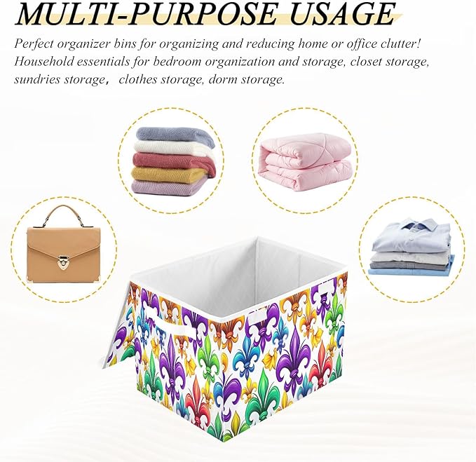 Mardi Gras Storage Baskets with Lids Collapsible Bins Stackable Fabric Linen Baskets Closet Organizer Container 16.5x12.6x11.8