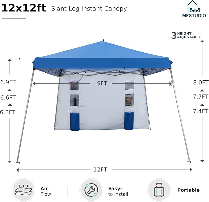 MFSTUDIO 12x12 Pop up Canopy Tent Gazebo Shelter Sun Shade Canopies Patio Portable Popup Tents Easy Setup Waterproof with 9x9ft Top 1 Sidewall for BeachPartiesPicnics