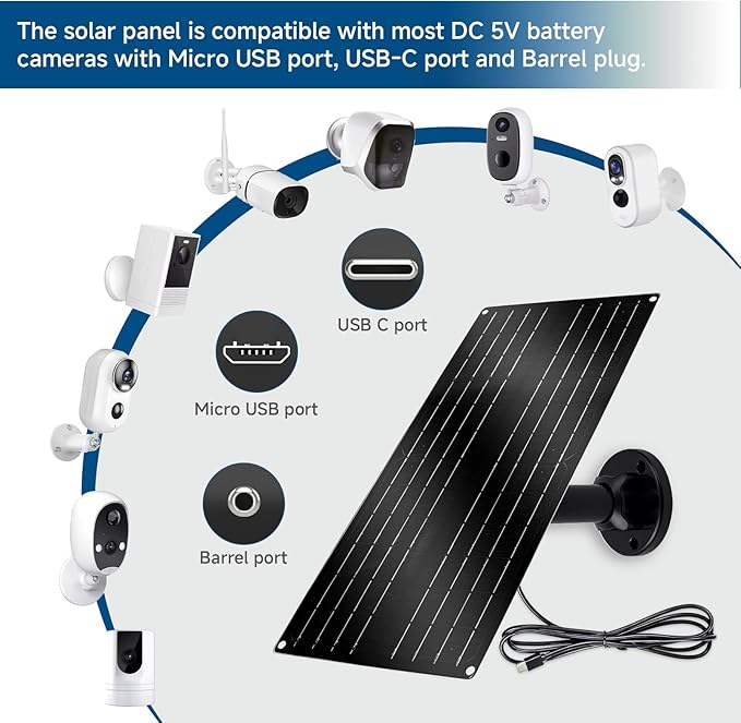12W Solar Panel for Security Camera 5V USB-C Solar Charger with Micro USB &amp Barrel Adapters Outdoor Weatherproof for Continuous Home and Property Monitoring (2)
