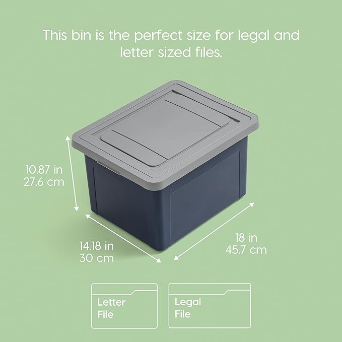 IRIS USA File Box Plastic File Organizer for Letter/Legal File Document Box Durable Storage Bin Tote with Secure Latching Lid Stackable BPA-Free Eco Friendly Sustainable Navy/Gray 35 Qt. 4 Pack