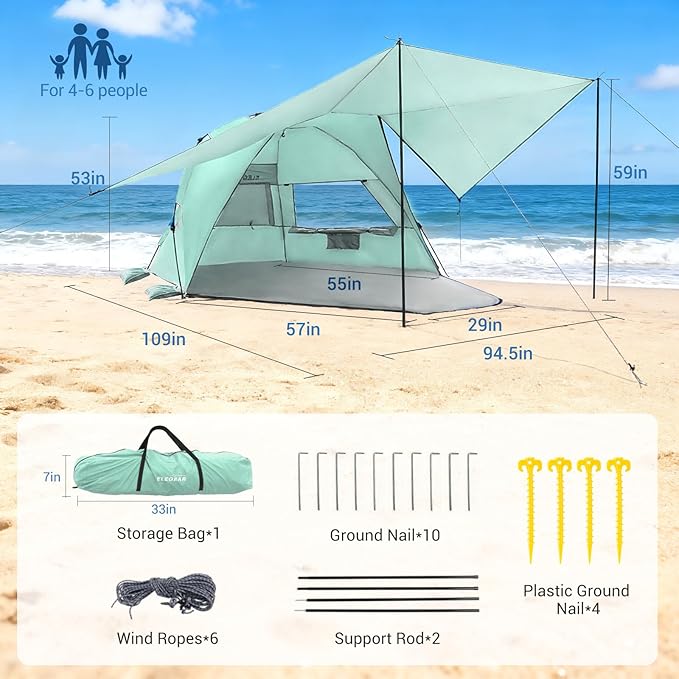 Elegear CumbreX™ Beach Tent with 360° Removable Canopy 4-6 Person Pop Up Sun Shade Shelter UPF 50+ Automated Installation Double Silver Coating Portable Lightweight Beach Cabana for Outdoor - Green