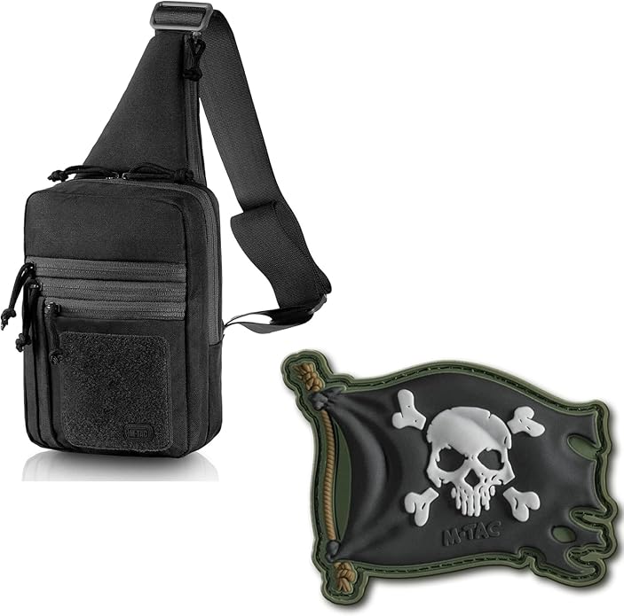 M-Tac Tactical Bag Shoulder Chest Pack with Sling for Concealed Carry &amp Morale Patch Jolly Roger Pirate Flag - PVC Patches