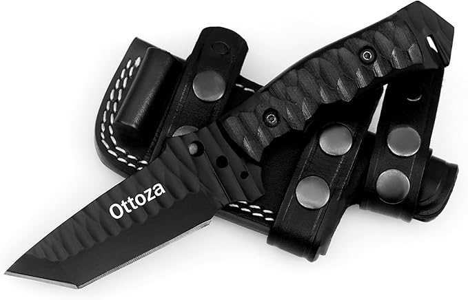 Ottoza Tanto Tactical Knife with Fixed Blade and Horizontal Carry Leather Sheath - Compact Military EDC Knife - Black Micarta Handle 377