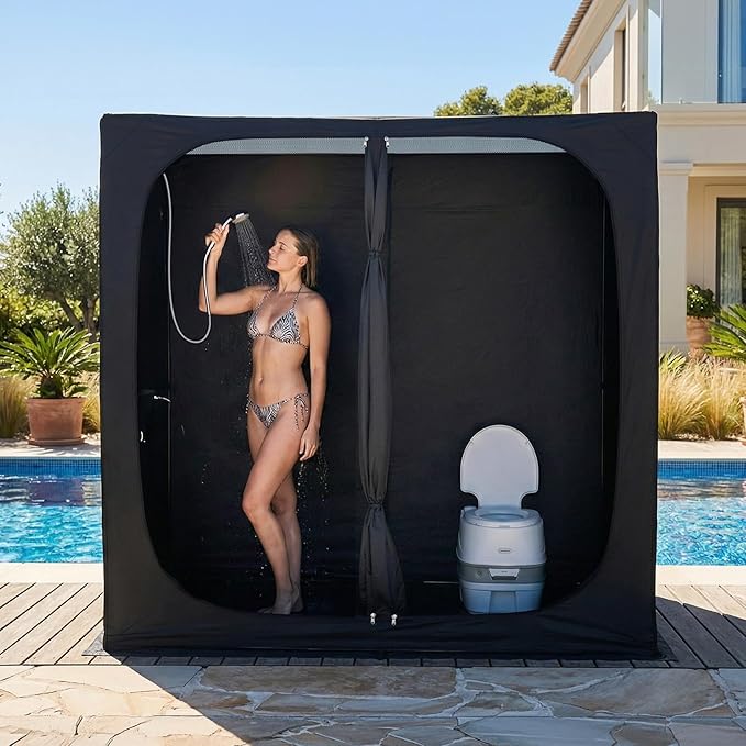 EighteenTek® Shower Tent 2-Room Changing Room Outdoor Shower Enclosure Privacy Canopy Shelter with Floor &amp Doors Waterproof &amp Lightweight Toilet Tent Bathroom for Courtyard Pool Photosh