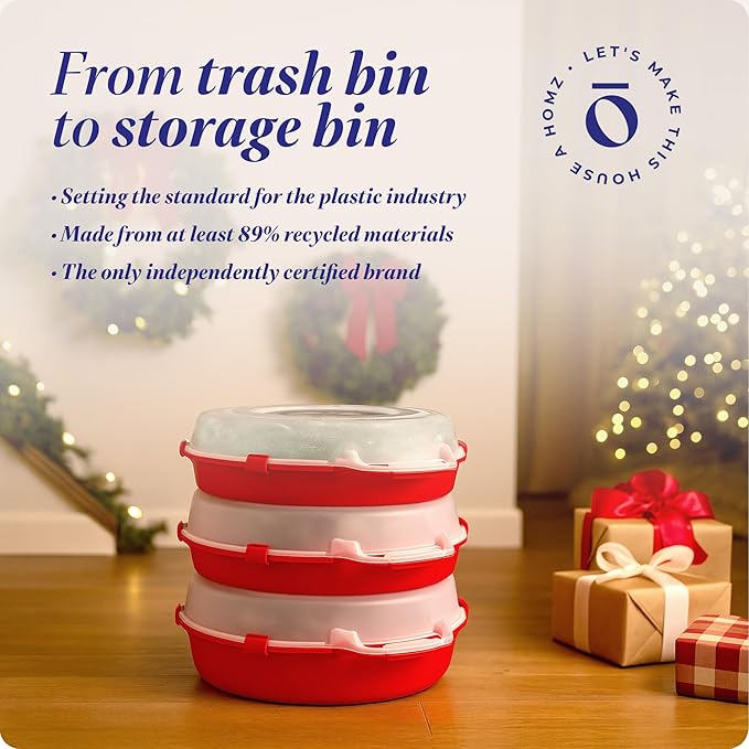 HOMZ 3-Pack 24 Inch Seasonal Holiday Clear Plastic Wreath Storage Containers Red – Stackable Decoration Organizer Bins with Lids and Handles for Christmas Wreaths and Garlands