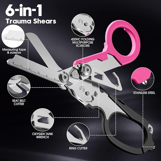 trauma shears foldable emergency scissors combining 6 functions into one suitable for outdoor camping emergency rescue and wilderness survival. (black-pink)