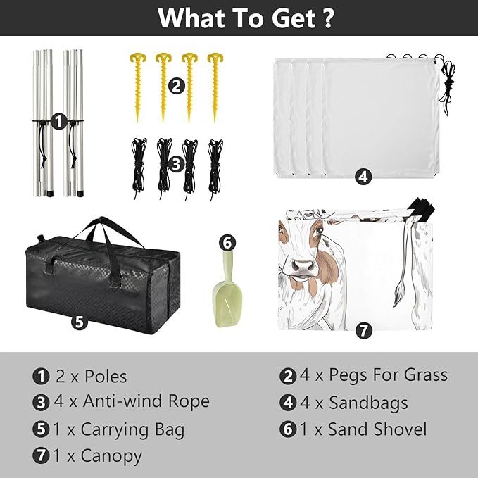 Cow Foldable Beach Tent UPF50+ Waterproof Portable Sun Shelter with Sandbags Sand Shovel Poles for Camping Trips Fishing Backyard Fun or Picnics