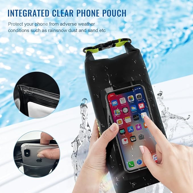 Waterproof Dry BagRoll Top Waterproof Backpack Phone Case Pouch for TravelKayakingRaftingCampingSurfingBoatingHikingBeach and Fishing (2 L Black+Black)