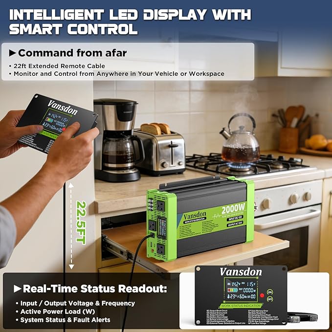 2000W Pure Sine Wave Inverter 12V DC to 120V AC Inverters for RVTruck Solar Home Off-Grid Car Power Inverter with LCD Display 3 AC Outlet 30W USB-C USB Remote Control Surge 4000W
