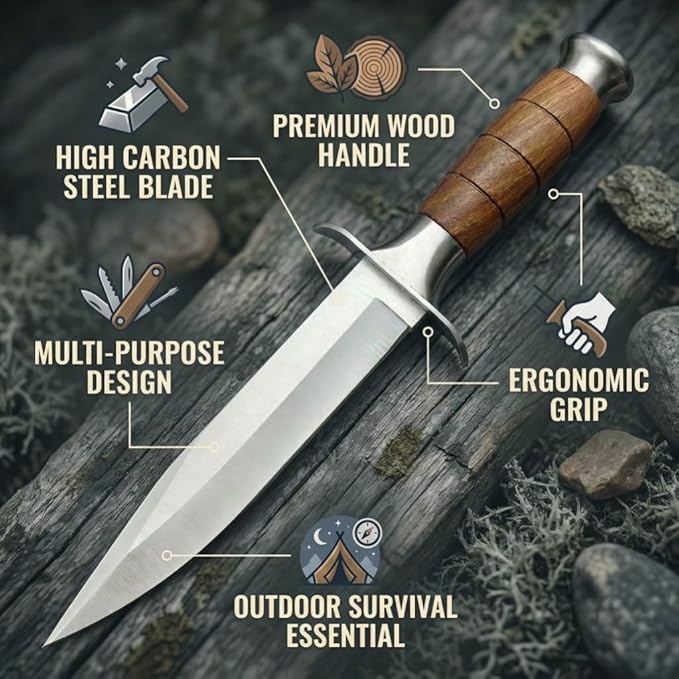 12.16 Fixed Blade Survival Knife with Nylon Sheath - High Hardness Stainless Steel Outdoor Knife - Classic Wood Handle Bushcraft Tool for Camping Hiking and Hunting