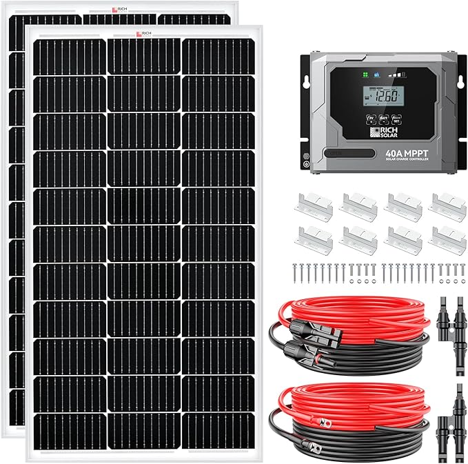 RICH SOLAR 200 Watt 12 Volt Monocrystalline Solar Starter 40A MPPT Charge Controller/Mounting Z Brackets/Tray Cable/Adaptor Kit(MPPT-40A)