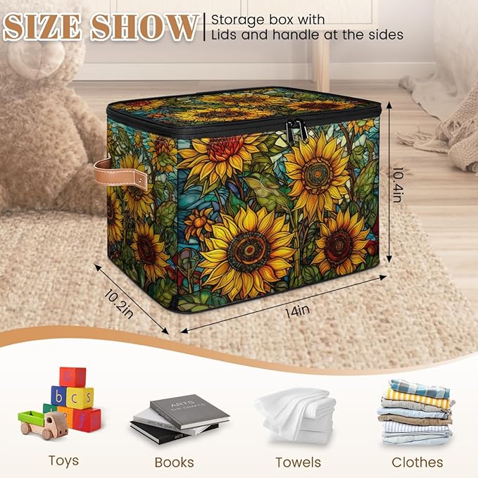 Sunflower Oil Painting Storage Bins with Zipper Lid Fabric Storage Containers for Clothes Collapsible Closet Storage Basket with Metal Frame 2 Pack