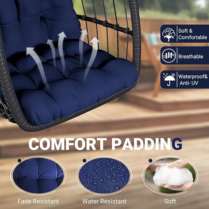 LEVELEVE Egg Chair with StandPatio Rattan Wicker Hanging Swing Egg Chair Hammock Chair for Porch GardenThickened Aluminum Alloy Steel Frame and UV Resistant Cushion350LBS Capacity(Dark Blue)